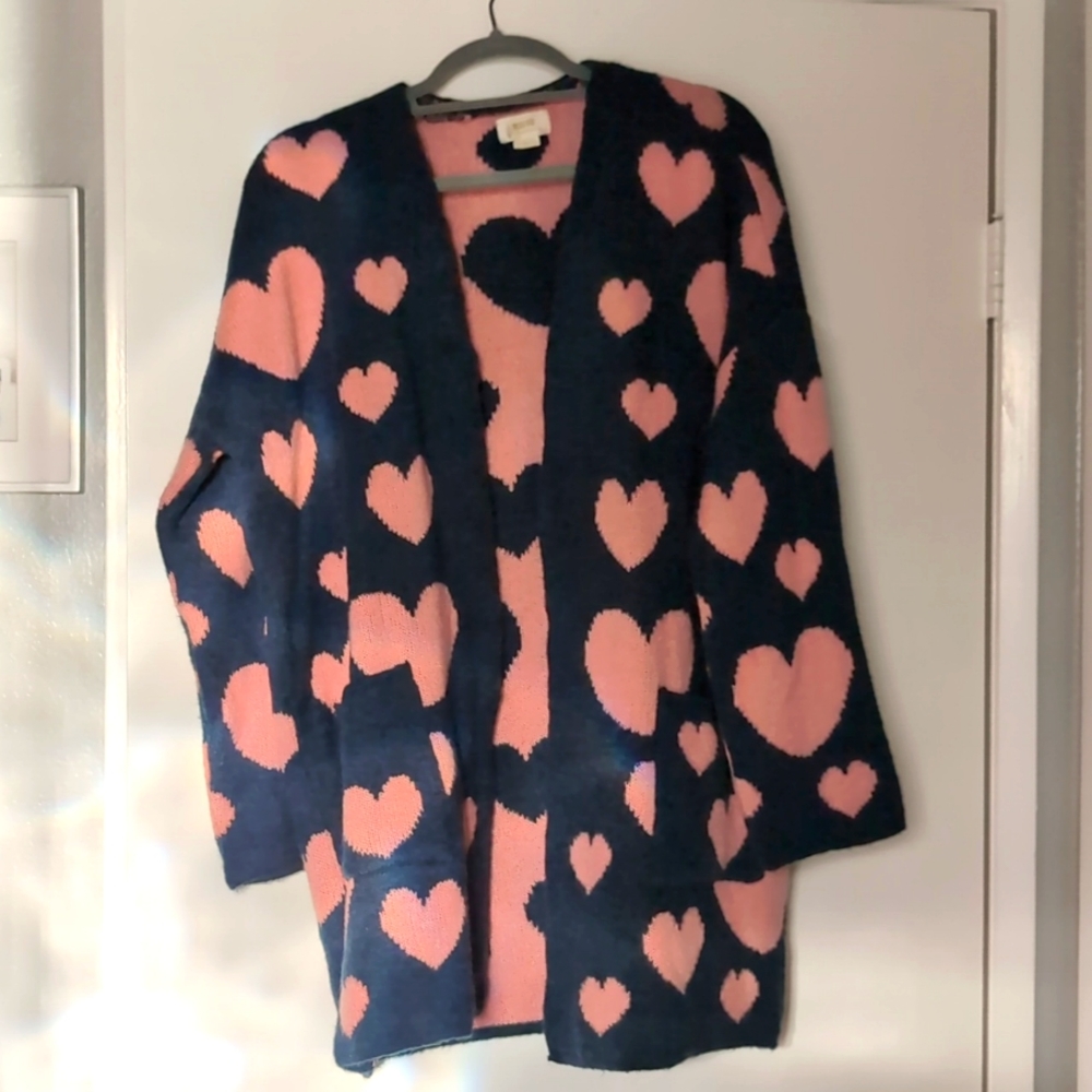Maeve Anthropologie Heart Cardigan Sweater Pink Blue